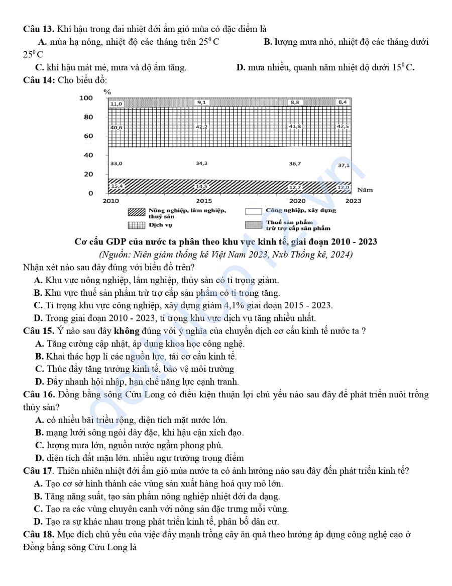 Đề thi thử môn địa THPT Hương Khê 2026 