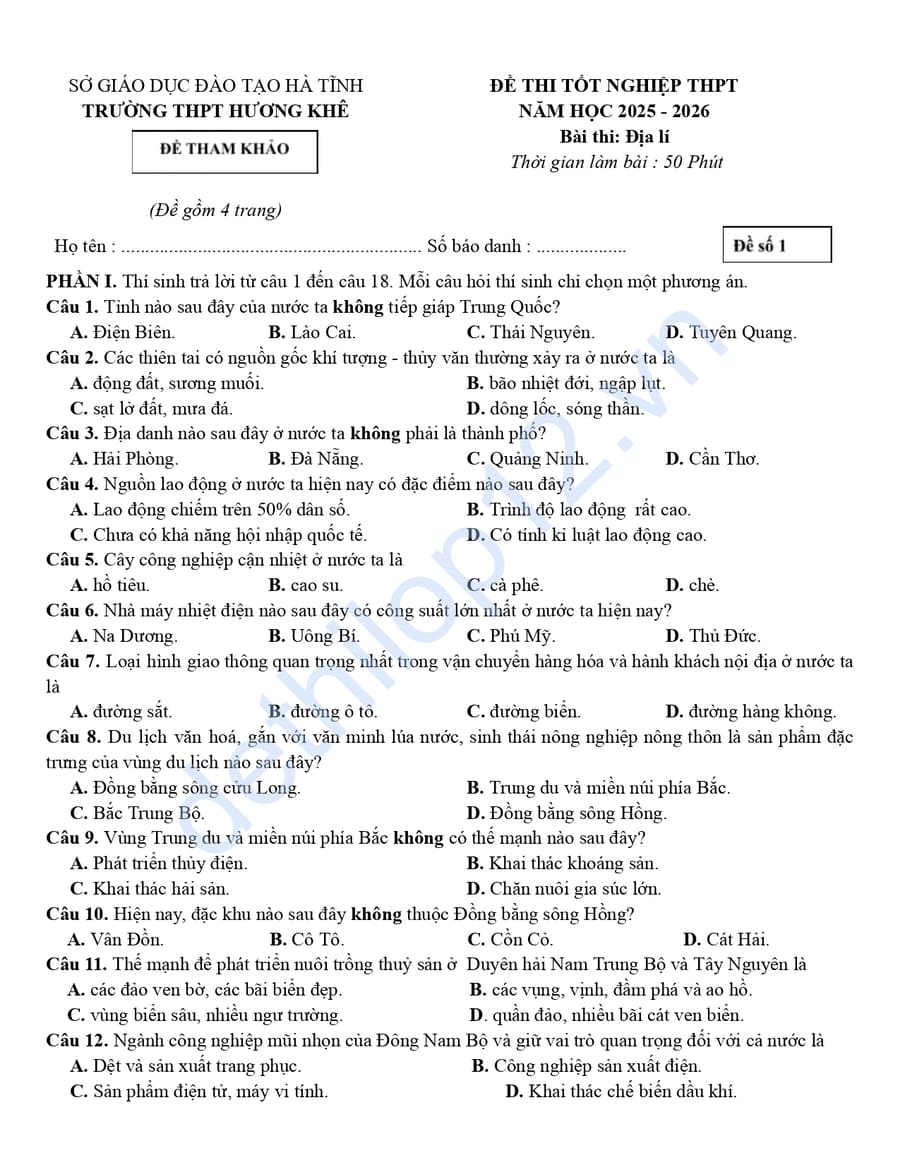 Đề thi thử môn địa THPT Hương Khê 2026 11