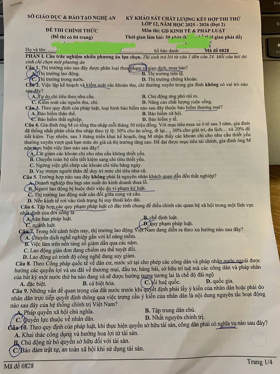Đề thi thử tốt nghiệp môn KTPL Nghệ An 2026 lần 2