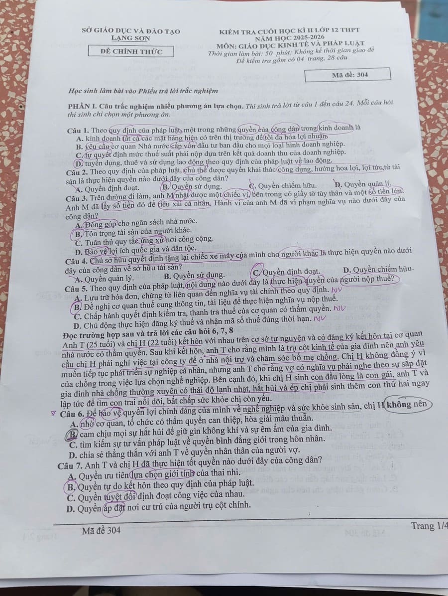 Đề thi HK2 môn KTPL lớp 12 Lạng Sơn 2026 có đáp án