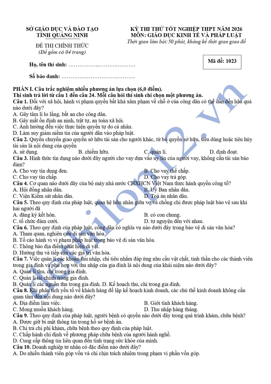 Đề thi thử tốt nghiệp môn KTPL Quảng Ninh 2026 