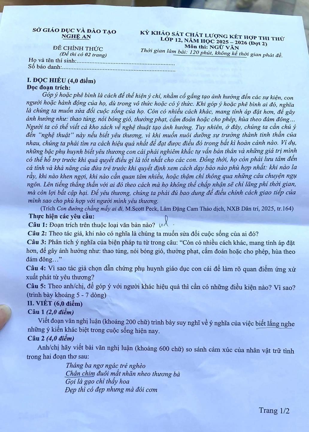 Đề thi thử tốt nghiệp môn văn Nghệ An 2026 đợt 2 có đáp án
