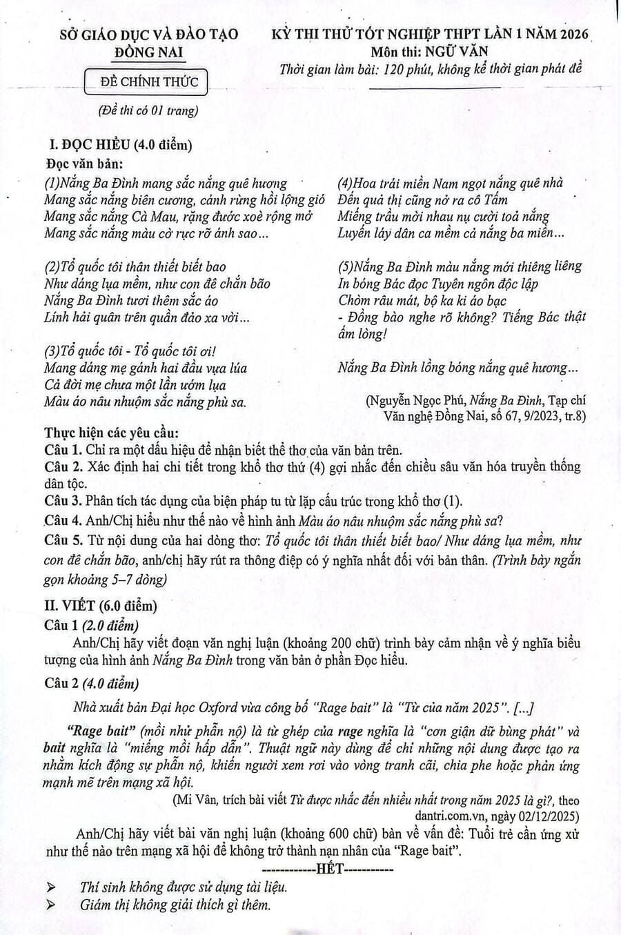 Đề thi thử tốt nghiệp môn văn tỉnh Đồng Nai 2026 