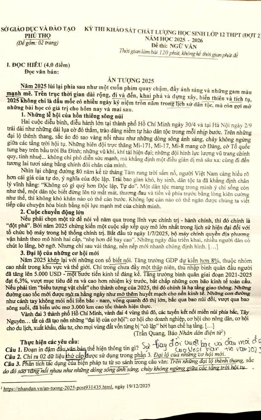 Đề thi thử tốt nghiệp môn văn Phú Thọ 2026 lần 2