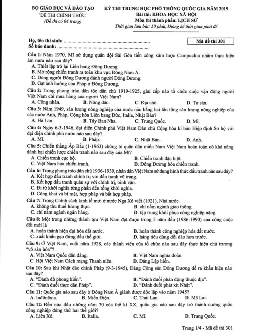 Đề chính thức môn sử 2019