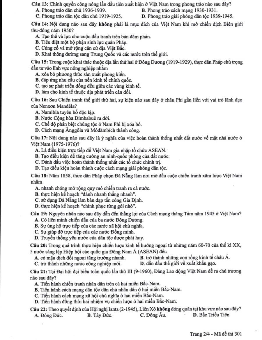 Đề chính thức môn sử 2019 2