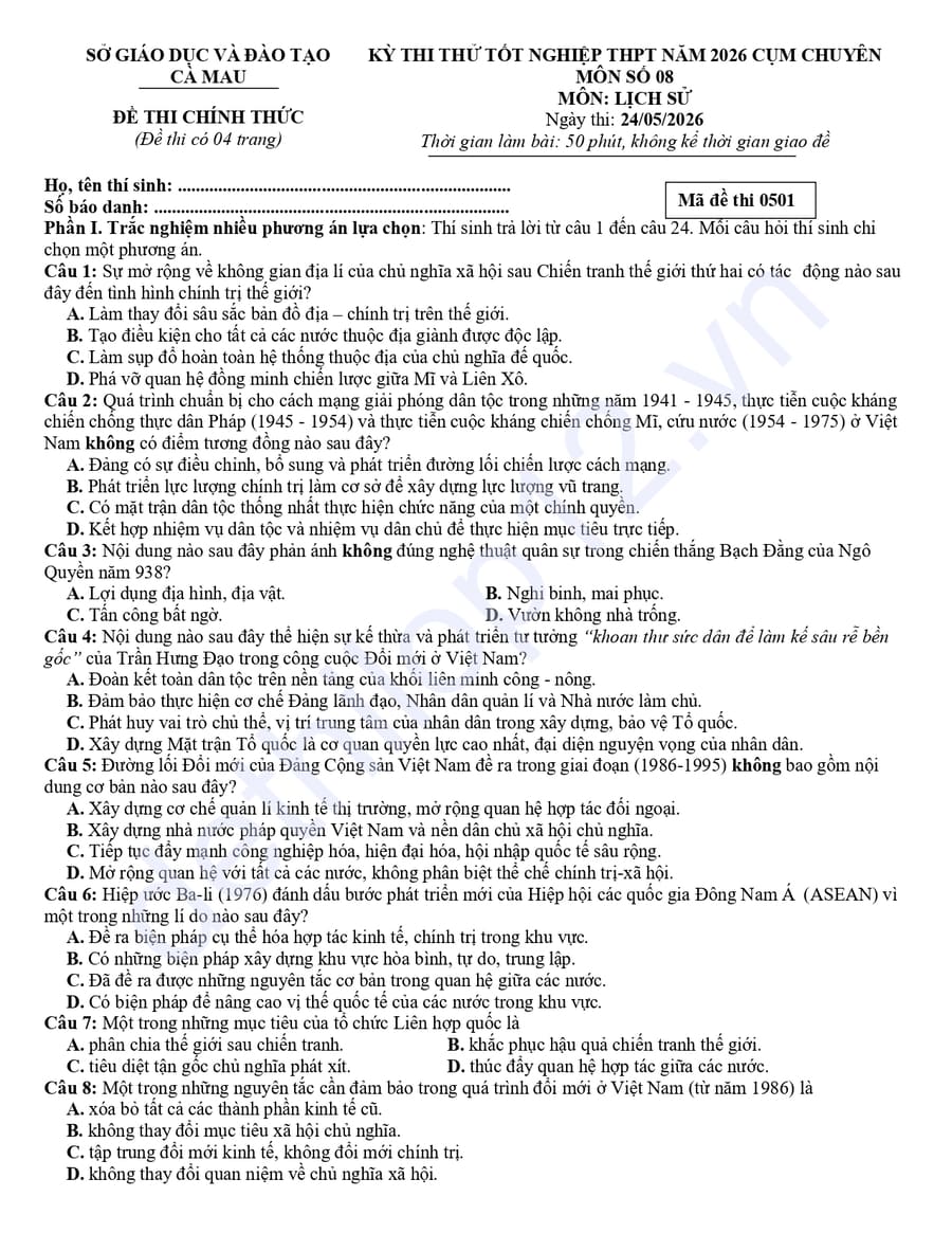 Đề thi thử tốt nghiệp môn sử cụm 08 Cà Mau 2026
