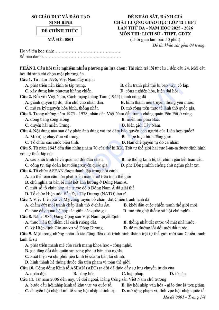 Đề thi khảo sát môn sử Ninh Bình 2026 lần 3 