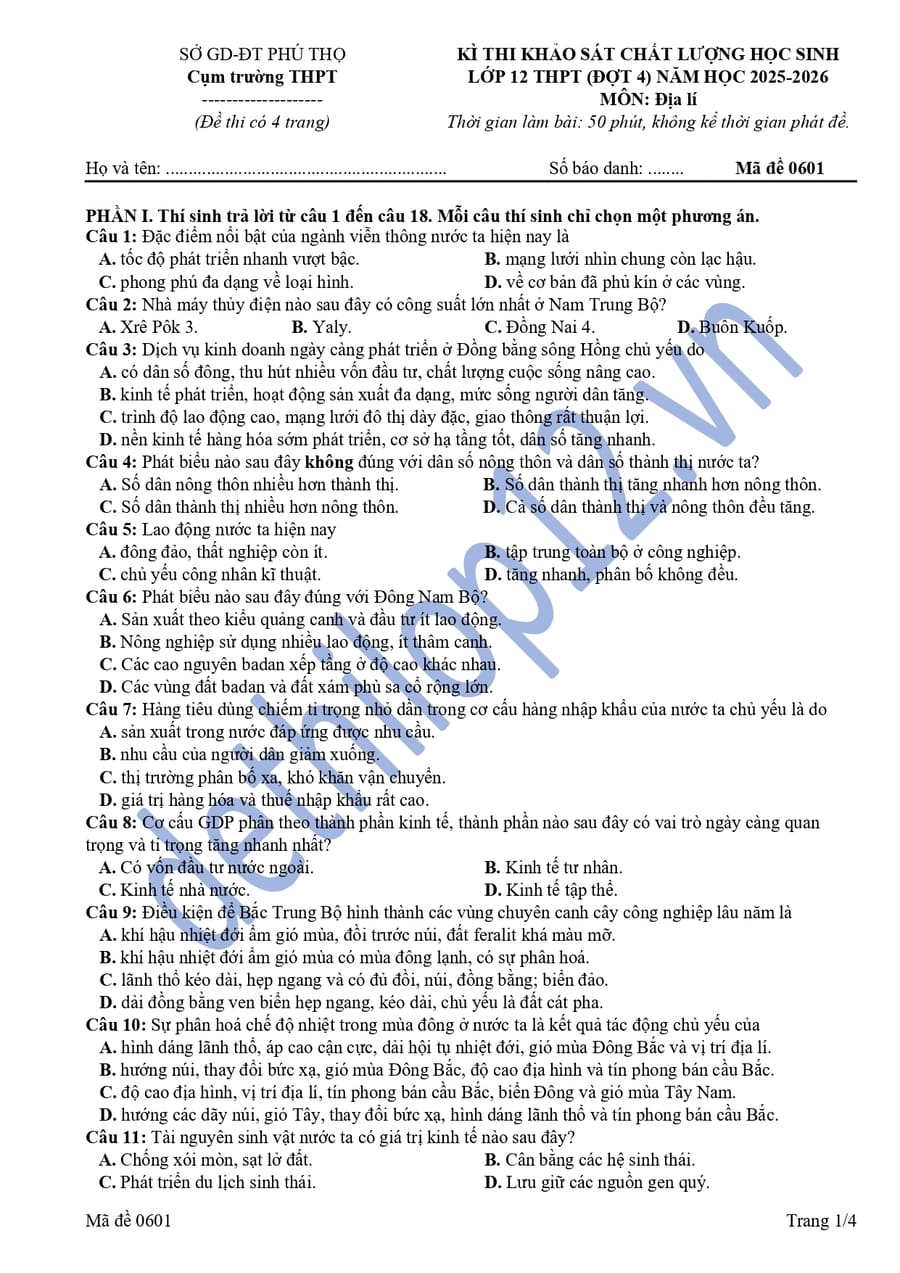Đề thi thử tốt nghiệp môn địa cụm 9 THPT Phú Thọ 2026 lần 4