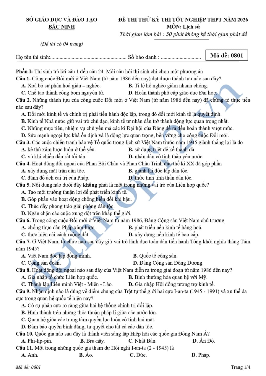 Đề thi thử tốt nghiệp lần 2 môn sử Bắc Ninh 2026 có đáp án