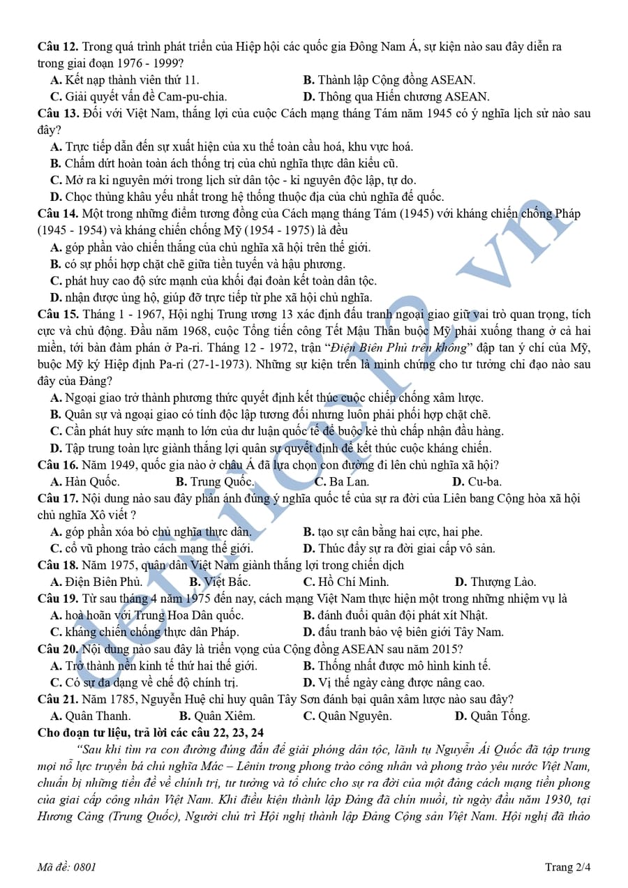 Đề thi thử tốt nghiệp lần 2 môn sử Bắc Ninh 2026 có đáp án 2