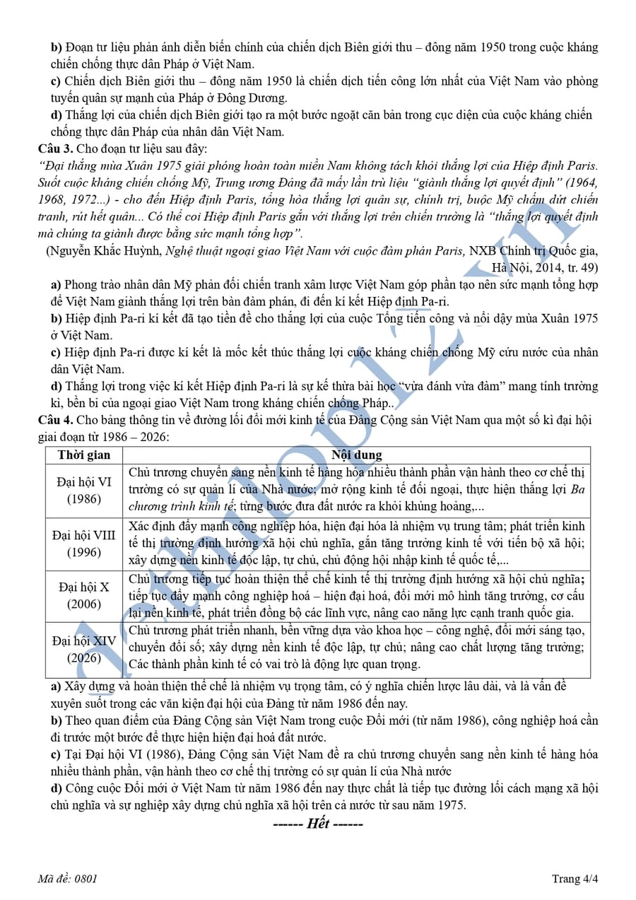 Đề thi thử tốt nghiệp lần 2 môn sử Bắc Ninh 2026 có đáp án 4