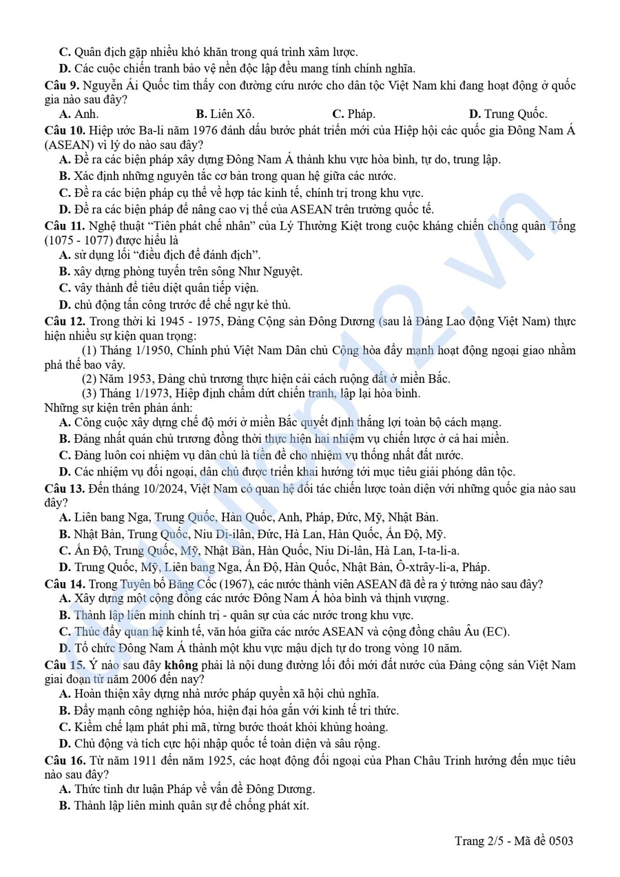 Đề thi thử tốt nghiệp lịch sử cụm 09 Hà Nội lần 3 2026 2