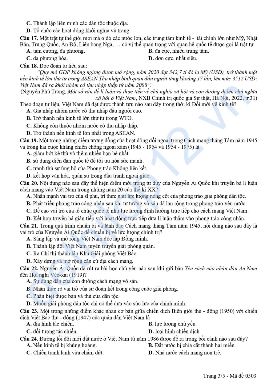 Đề thi thử tốt nghiệp lịch sử cụm 09 Hà Nội lần 3 2026 3
