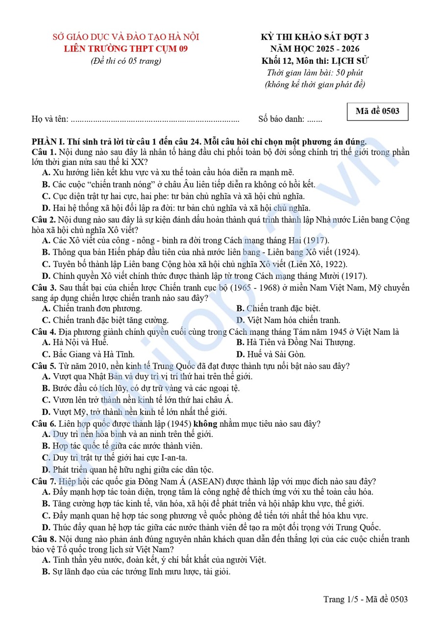 Đề thi thử tốt nghiệp lịch sử cụm 09 Hà Nội lần 3 2026