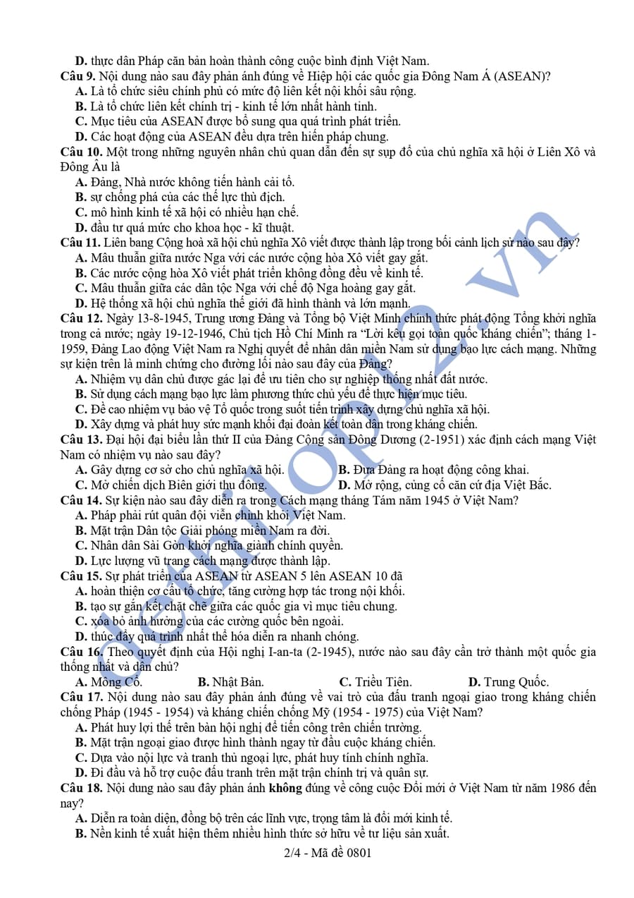 Đề thi thử tốt nghiệp môn sử Vĩnh Long 2026 2