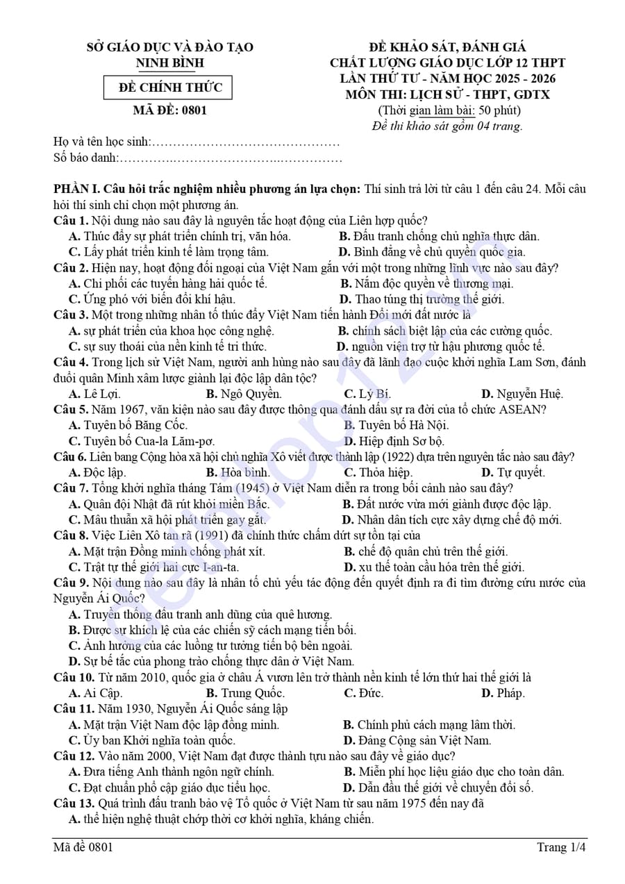 Đề thi thử tốt nghiệp môn sử Lần 4 Ninh Bình 2026 