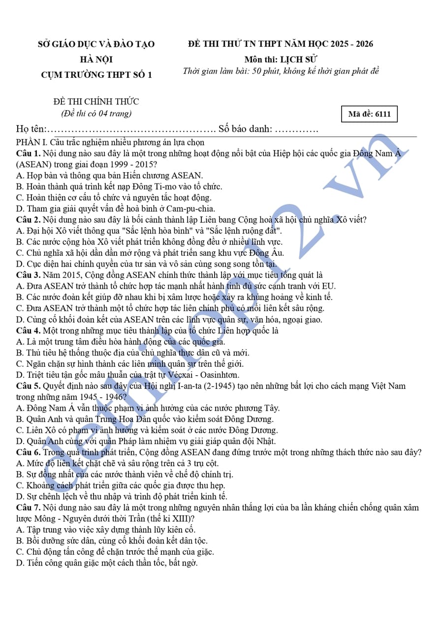 Đề thi thử tốt nghiệp môn sử Cụm THPT số 1 Hà Nội 2026 