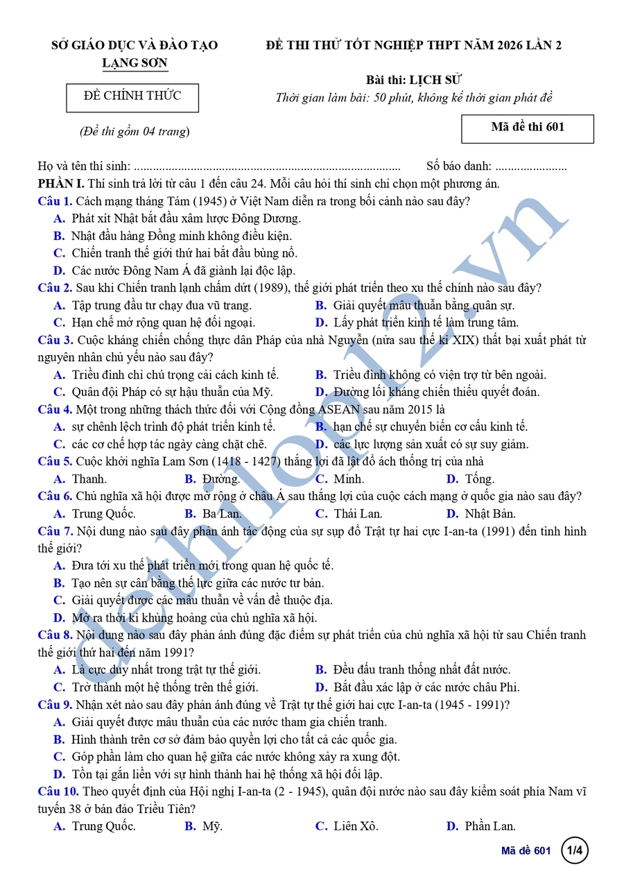 Đề thi thử tốt nghiệp môn sử Lạng Sơn 2026 lần 2