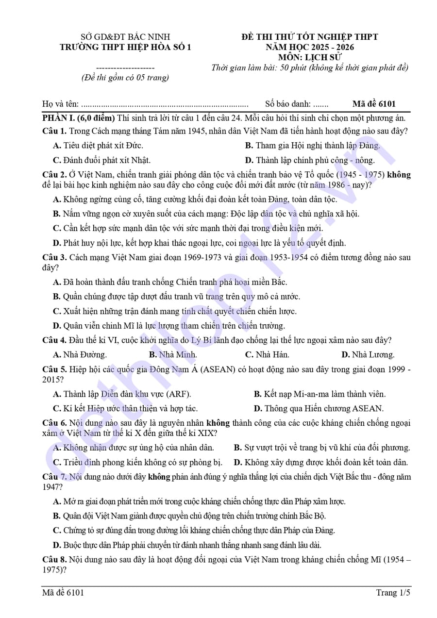 Đề thi thử tốt nghiệp môn sử lần 4 THPT Hiệp Hoà số 1