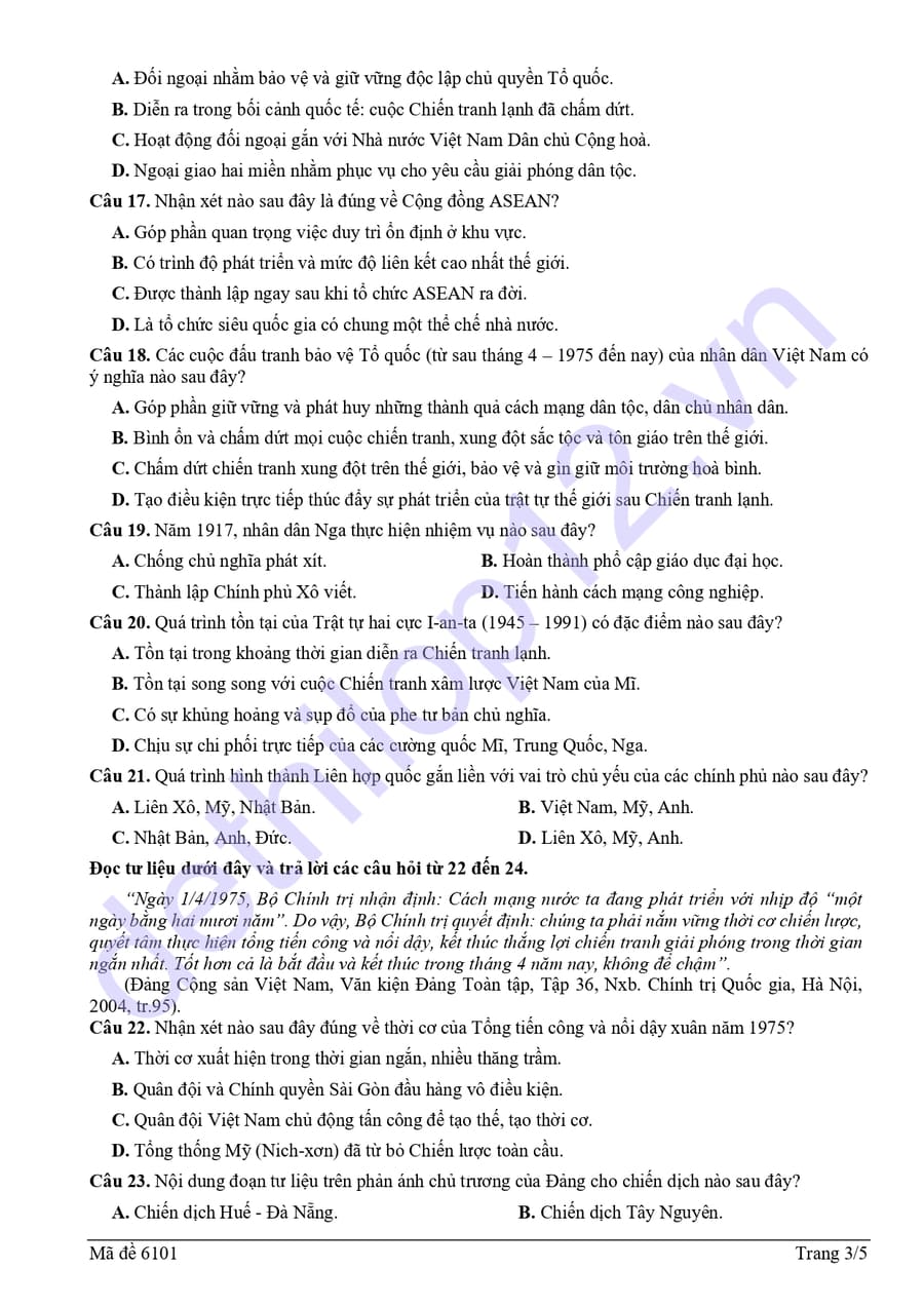Đề thi thử tốt nghiệp môn sử lần 4 THPT Hiệp Hoà số 1 3