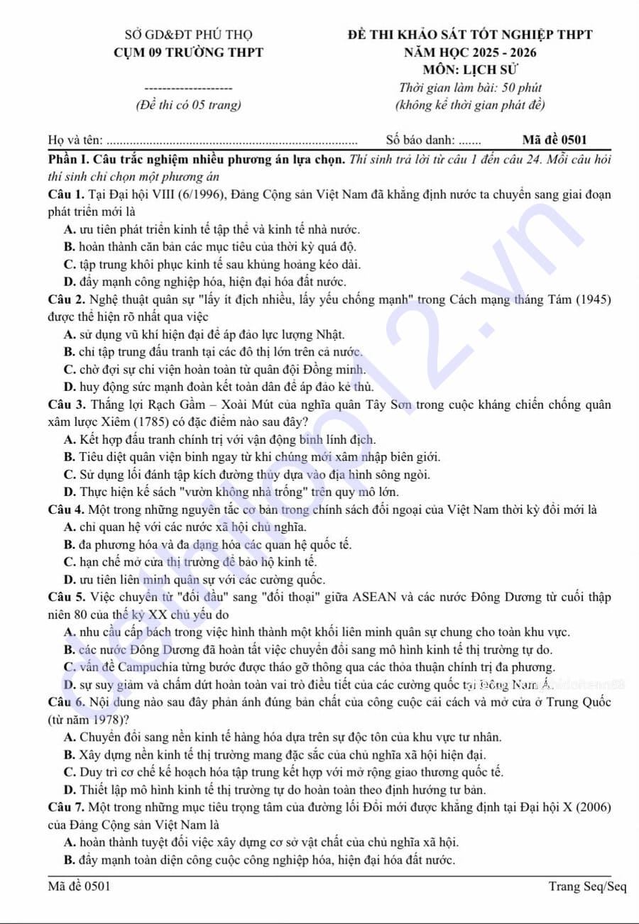 Đề thi thử tốt nghiệp môn sử cụm 09 THPT Phú Thọ 2026 lần 2