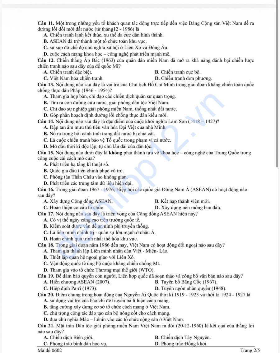 Đề thi thử tốt nghiệp môn sử THPT Nguyễn Văn Trỗi 2026 2