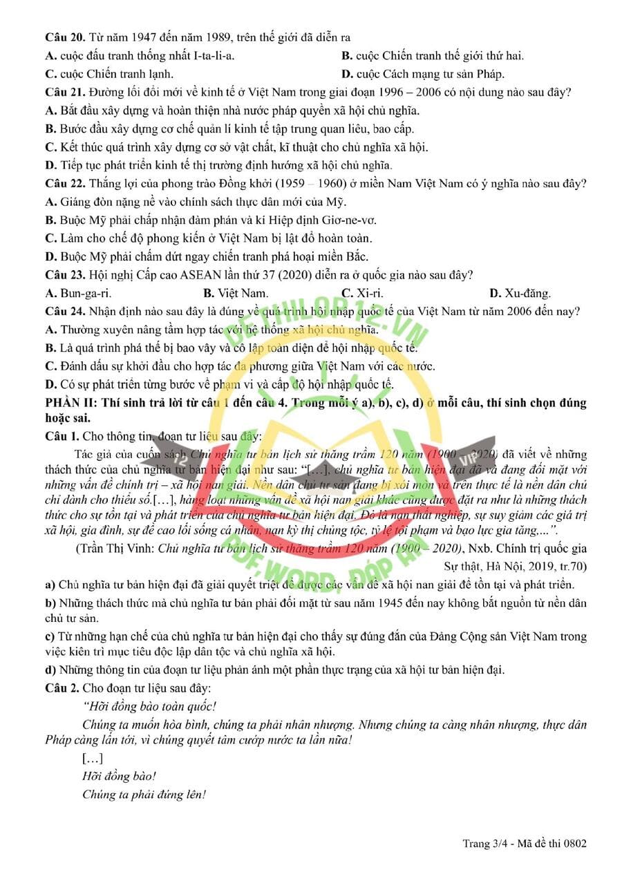 Đề thi lịch sử THPT Quốc Gia 2026 Chính Thức mã 0802 2