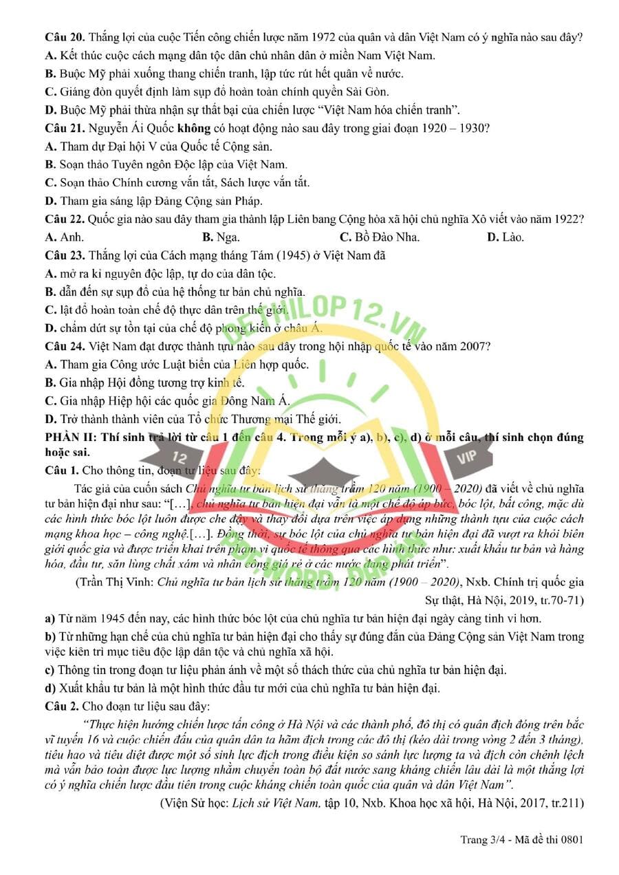 Đề thi lịch sử THPT Quốc Gia 2026 Chính Thức mã 0801 3
