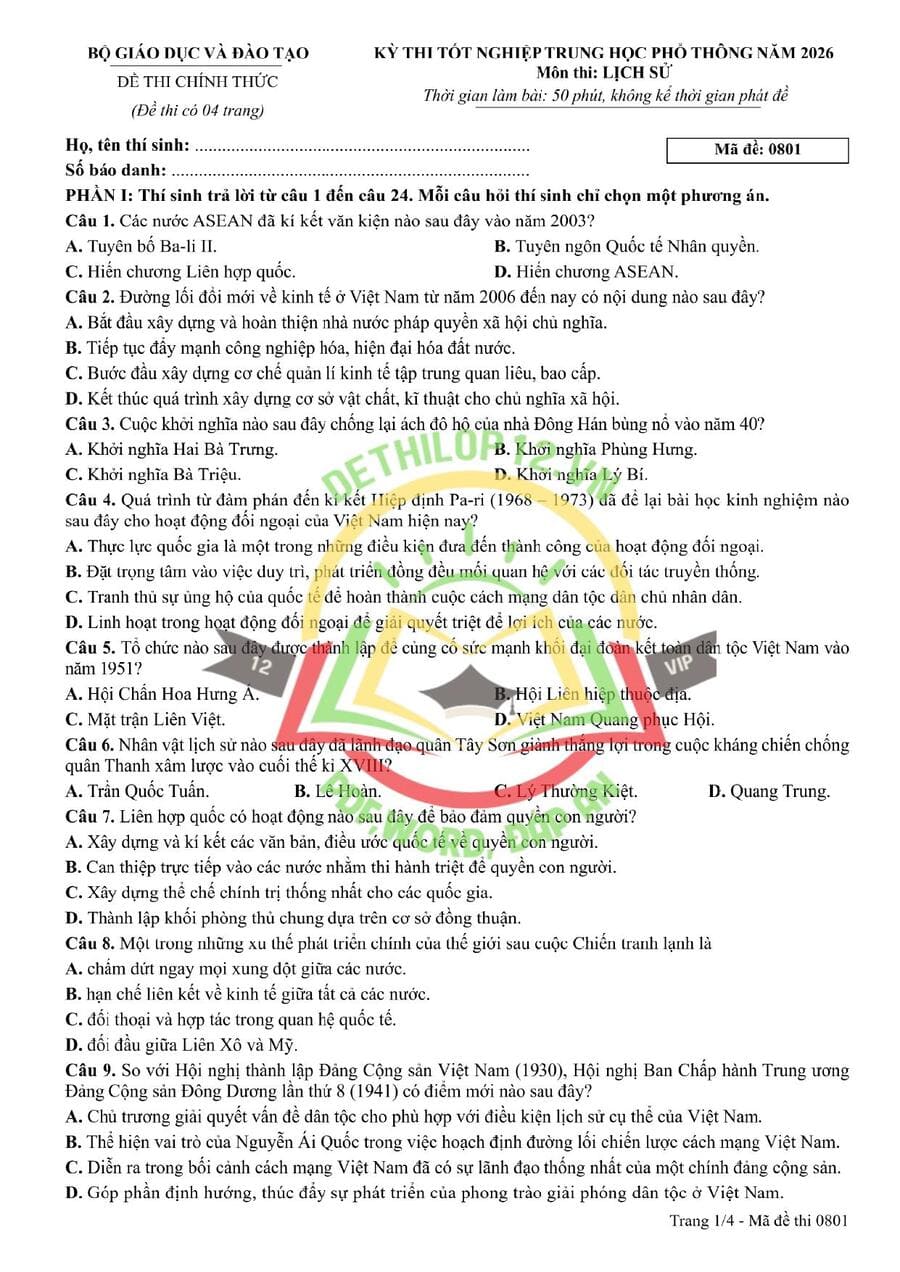 Đề thi lịch sử THPT Quốc Gia 2026 Chính Thức mã 0801